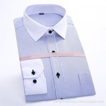 Wholesale Contrast Collar Dark Blue Stripes Men's Shirts